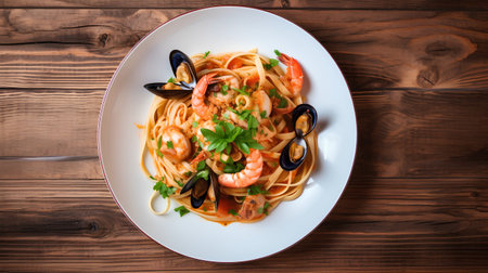 Spaghetti with shrimps, mussels and parsley on wooden backgroundの素材