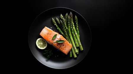 Salmon fillet with asparagus and lime on black plateの素材