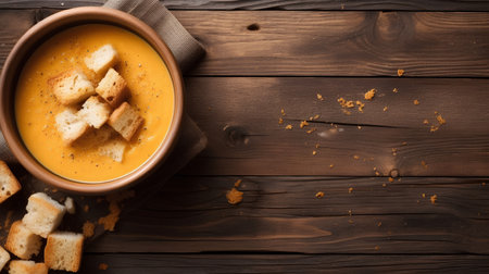 Pumpkin soup with croutons on rustic wooden backgroundの素材