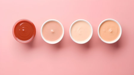 Top view of various sauces in small bowls isolated on pink background.の素材