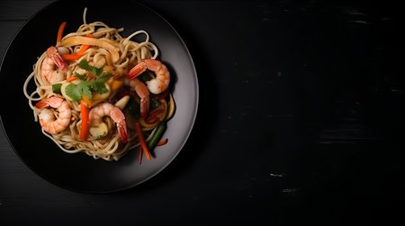 Spaghetti with shrimps and vegetables in black plate on black backgroundの素材