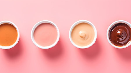 Set of sauces in bowls isolated on pink background top view mockupの素材