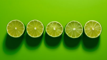 Slices of lime on a green background. Minimal conceptの素材