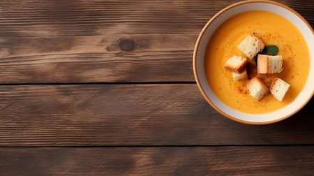 Pumpkin soup in bowl with croutons on wooden backgroundの素材