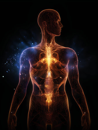 Human body anatomy with glowing particles. 3D illustration. Science and medical concept.の素材