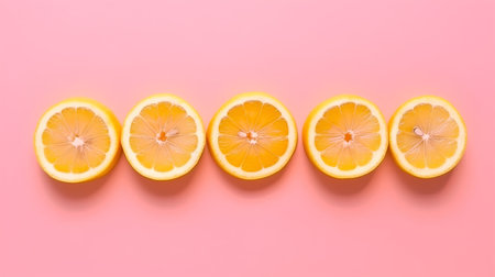 Slices of lemon on pink background. Flat lay, top viewの素材