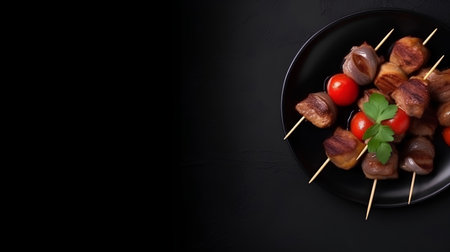 Grilled meat skewers with vegetables on black plate over black slate background. Top view with copy space.の素材