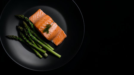 Salmon fillet with asparagus on a black plate.の素材