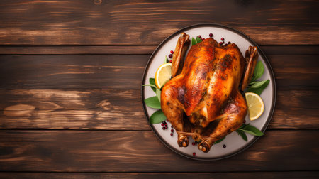 Roasted chicken with lemon and green leaves on wooden background. Top viewの素材