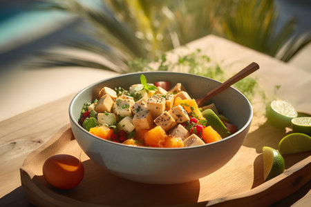 Healthy salad with fresh fruits and vegetables in a bowl on wooden tableの素材