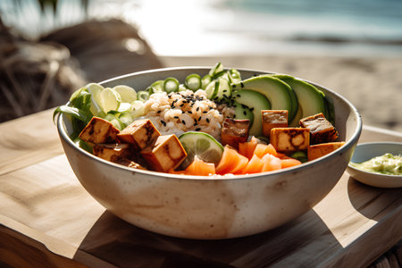 Hawaiian poke bowl with salmon, avocado, cucumber and sesame seeds. Healthy food concept.の素材