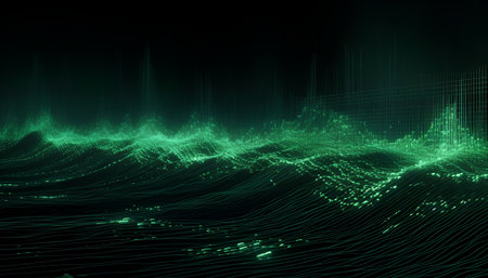 abstract green technology background with waves and lines. 3d illustrationの素材