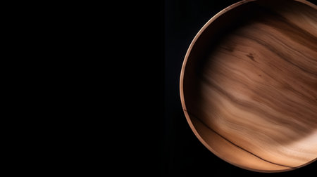 Wooden bowl on black background. Top view. Copy space.の素材