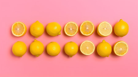 Lemons and lemons arranged in a row on pink backgroundの素材