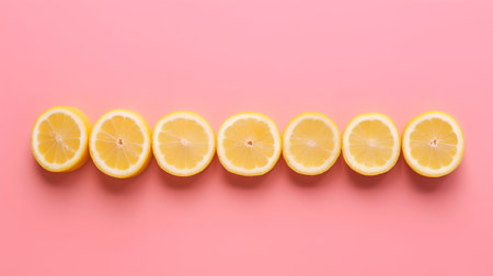 Lemon slices on pink background. Flat lay, top view.の素材