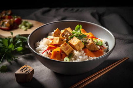 Tofu with rice and vegetables in a bowl on a black backgroundの素材