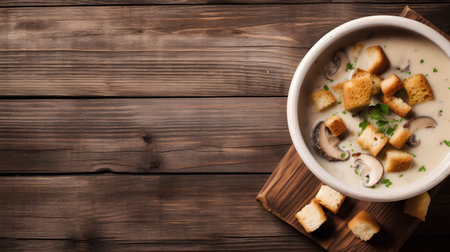 Mushroom soup with croutons and parsley on wooden backgroundの素材