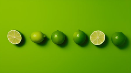 Limes on a green background. Flat lay, top view.の素材