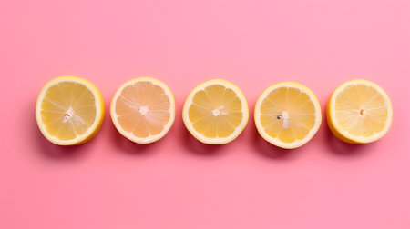 Sliced lemon on pink background. Flat lay, top viewの素材