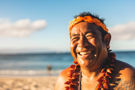 Smiling senior man wearing Hawaiian shirt and headband on the beachの素材