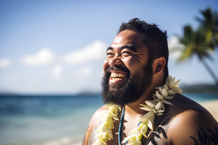Portrait of a smiling man wearing hawaiian costume at the beachの素材