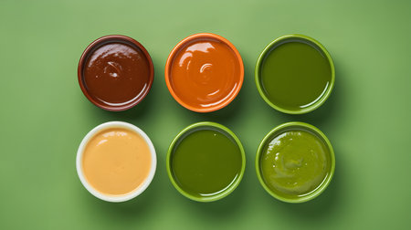 Top view of various sauces in bowls on green background, flat layの素材