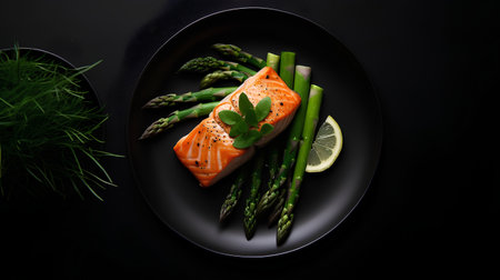 Grilled salmon with asparagus and lemon on black plate.の素材