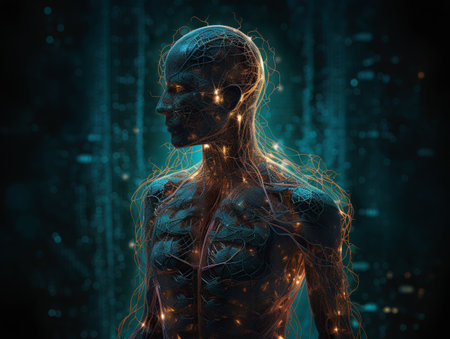 Human body with glowing neurons and nervous system on dark background. 3D renderingの素材