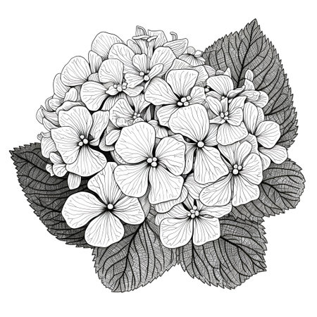 Hand drawn hydrangea flowers. Black and white vector illustration.の素材