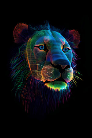 Lion head with colorful pattern on black background. 3D renderingの素材