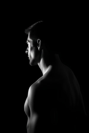 Portrait of a young man in profile on a black background.の素材