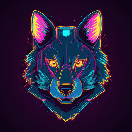 Vector illustration of a wolf head on a dark background with neon lights.の素材