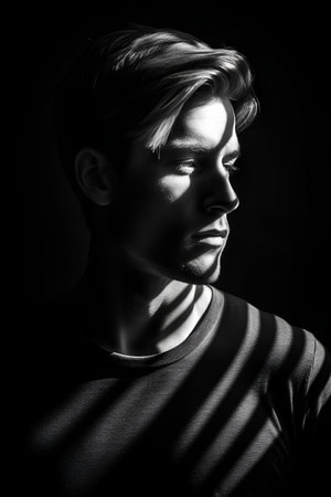 Portrait of a handsome young man with shadow overlay on his faceの素材