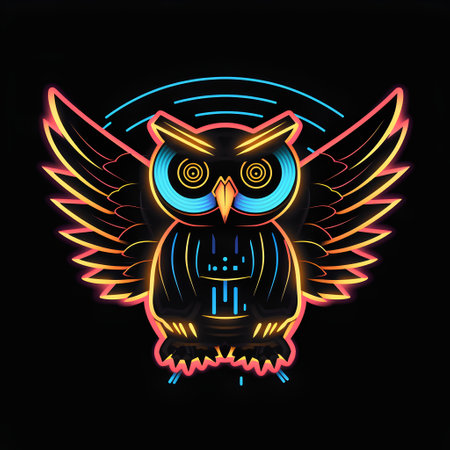 Owl with wings in neon style. Vector illustration on black background.の素材