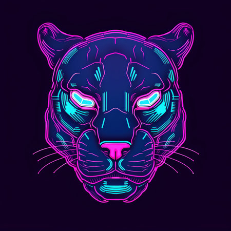 Neon portrait of a panther. Vector illustration on dark background.の素材