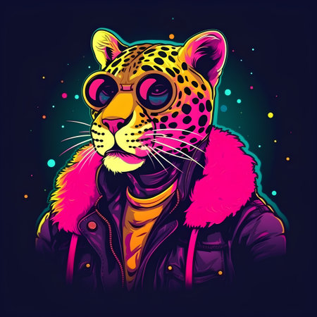 Leopard in a jacket and sunglasses on a dark background. Vector illustrationの素材