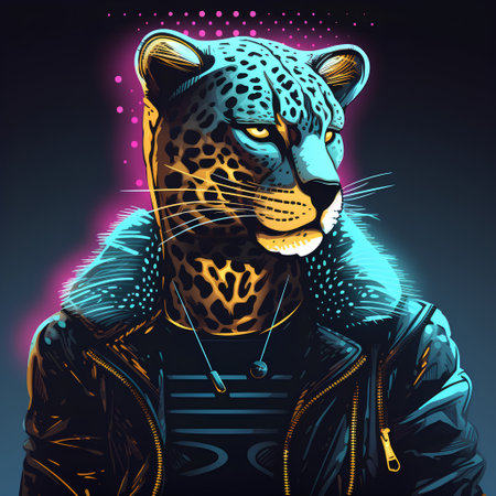 Neon portrait of a leopard in a leather jacket. Vector illustration.の素材
