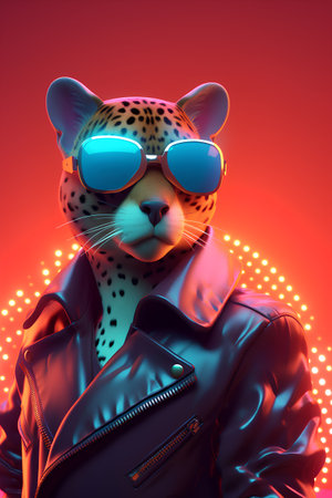 Leopard in sunglasses and leather jacket. 3d render illustration.の素材