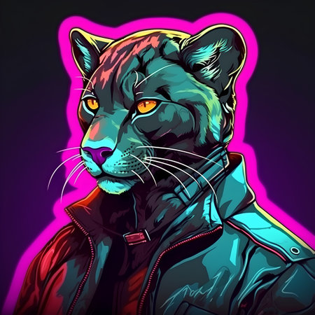 Panther in a leather jacket on a dark background. Vector illustration.の素材
