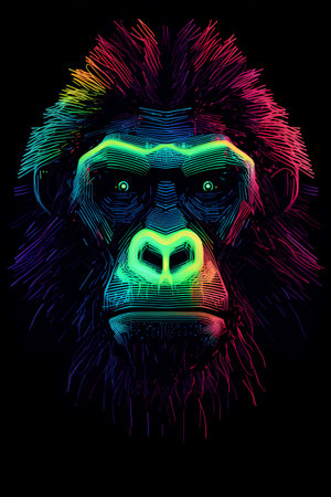 Monkey head with colorful rainbow lines on black background. Vector illustration.の素材