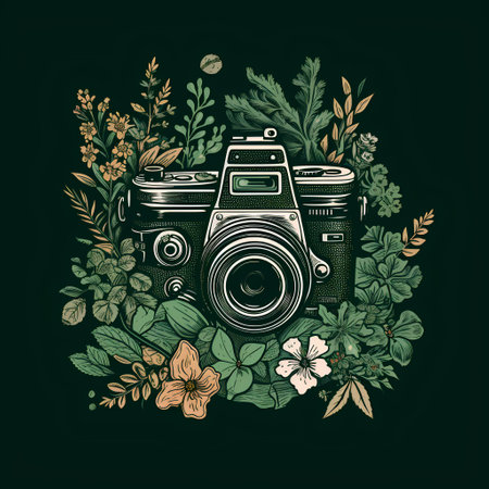 Vintage hand drawn camera with flowers and leaves. Vector illustration.の素材