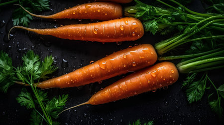 Fresh carrots with water drops on a black background. Top view.の素材