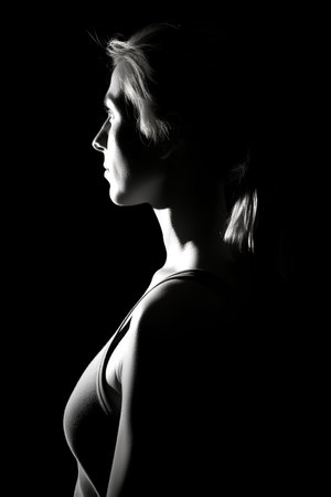 portrait of a young beautiful woman on a black background, monochromeの素材