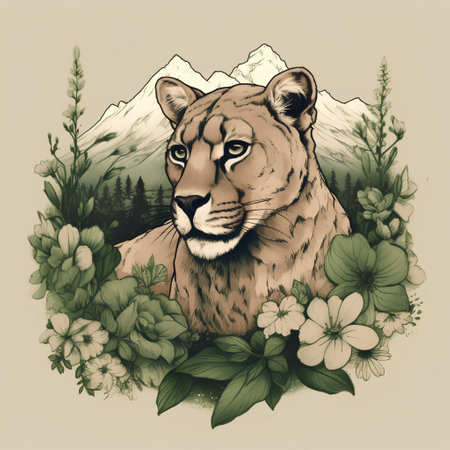 Tiger with flowers in the mountains. Hand drawn vector illustration.の素材