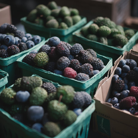 Fruits and vegetables at a farmers market. Fresh organic berries.の素材
