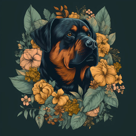 Rottweiler dog with flowers and leaves, vector illustration.の素材
