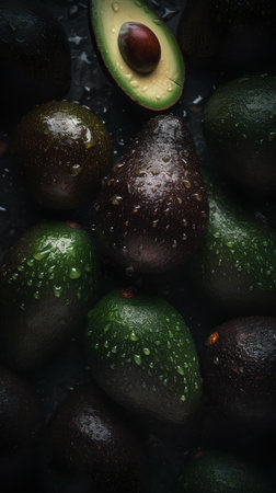 Fresh ripe avocados with water drops on dark background, top viewの素材