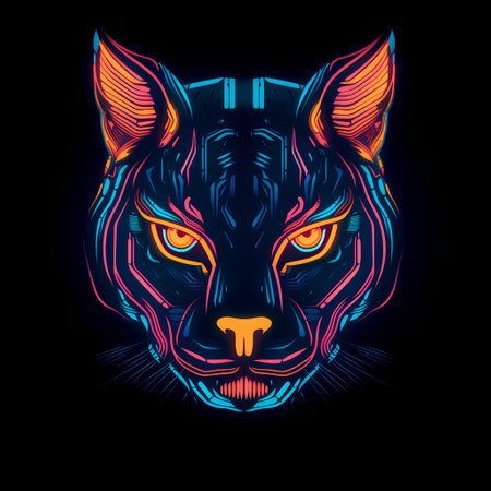 Panther head with neon effect. Tattoo design. Vector illustration.の素材