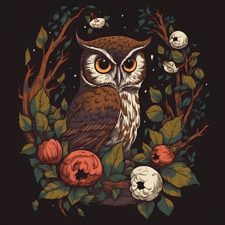 Owl in the forest with flowers and leaves. Vector illustration.の素材