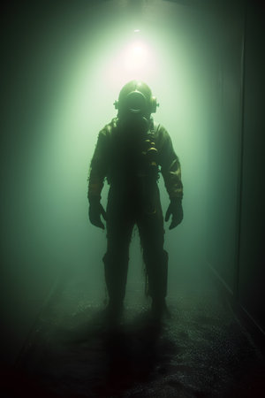 Silhouette of a man in a gas mask standing in a dark corridor.の素材